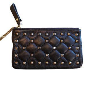 Valentino Garavani Quilted Gunmetal Rockstud Zipper Coin Purse And Cardholder